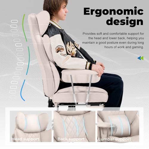 COMHOMA Big and Tall Office Chair, High Back Leather Gaming Chair with Footrest, Executive Ergonomic Office Chairs with Pocket Spring Lumbar Support and with Outward Fixed Soft Armrests