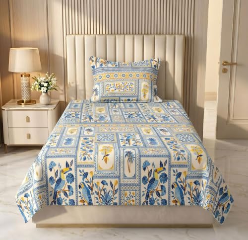 Image of HOMEKART Cotton Single Bedsheet with 1 Pillow Cover | 210 TC Premium Cotton Bed Sheet | Soft, Breathable, Lightweight & Wrinkle Resistant | 60 x 90 Inches Single Size Bedding