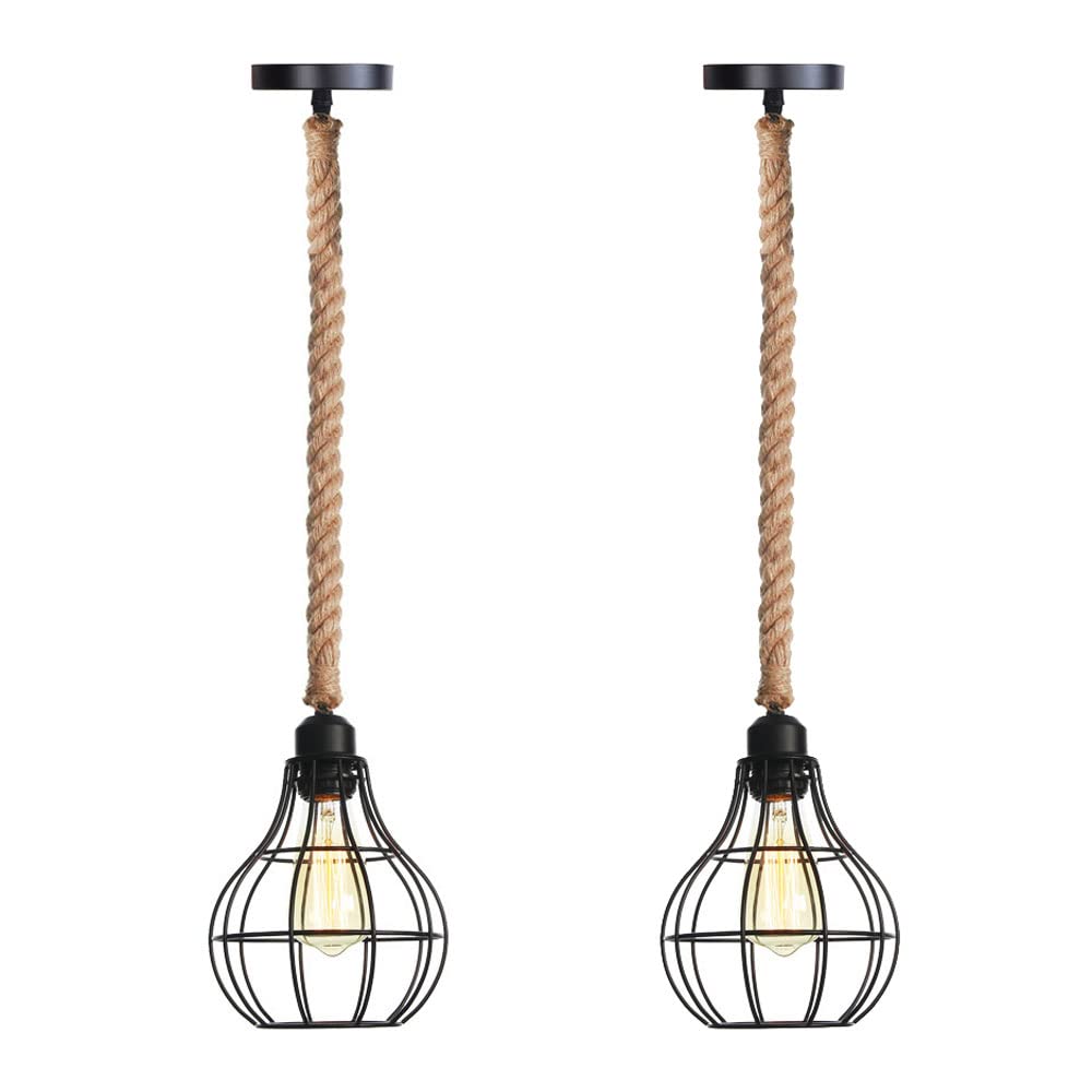 FYZDLAOR Vintage Industrial Wrought Iron Pendant Light,Hemp Rope Pendant Light,for Living Room Bedroom Cafe Teahouse Bar Dining Room Club（E27）