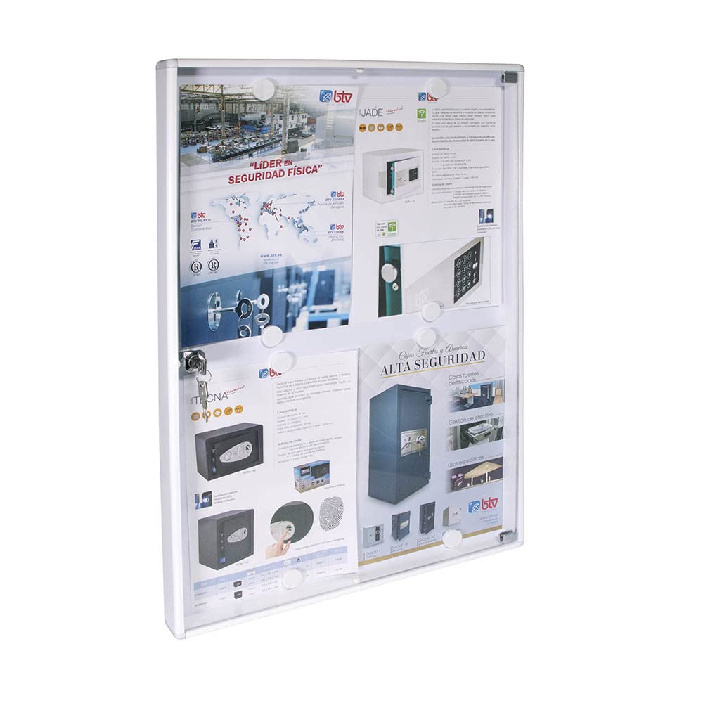 BTV | Tablon Anuncios con Llave Vertical con Perfil de Aluminio y Puerta de Metacrilato | Cerradura de Seguridad | Medidas 67 x 46 x 3,65 | Color Blanco