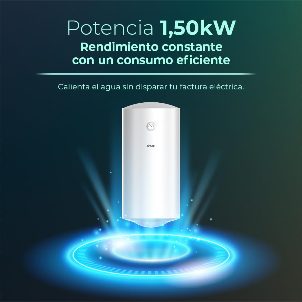 Svan Termo Eléctrico Vertical 100 Litros ST1001. Instalación Vertical, 1500W, Incluye Kit de Montaje, Resistencia de Acero inoxidable, Blanco, Eficiencia Energética Clase C
