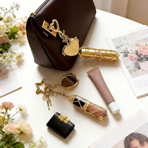 Image of Metal Lipstick Holder with Mirror Golden Round Clasp Portable Lipstick Organizer Case Makeup Lip Balm Holder Bag Charm Accessories Compact Travel Cosmetic Storage for Women (Lipstick Not Included)