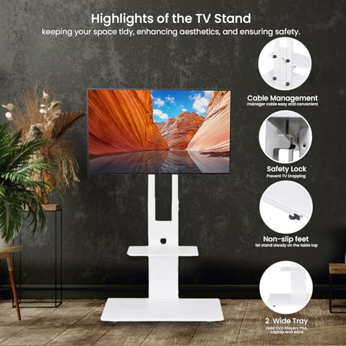 Image of Height Adjustable Floor TV Stand for 32-55 Inch LED Smart TVs, Sleek White Wood & Metal Design, Universal TV Stand for Living Room and Bedroom, Square