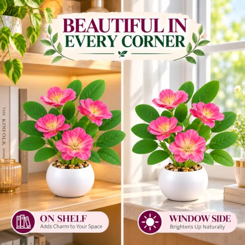 Image of CURATED CART Artificial Flowers with Pot & Decorative Pebbles for Home Decor, Small Size Faux Flowering Artificial Plants for Living Room Decor, Fake Flower vase for Bedroom, Office & Table Decor