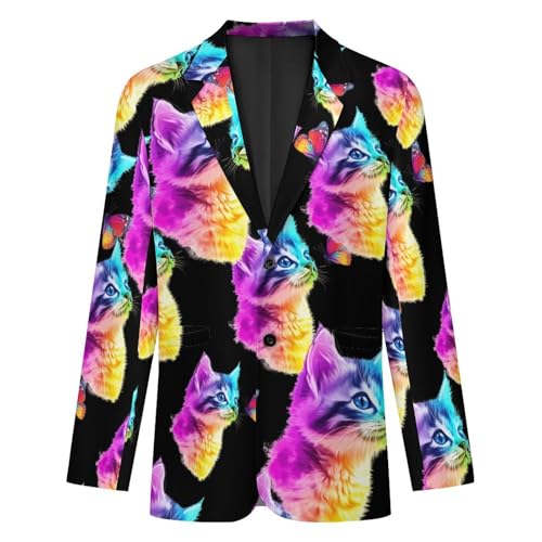 Colorful Cat with Butterfly Men's Slim Suit Long-Sleeve Prom Tuxedo Classic Two Button Business Jacket4
