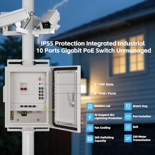 Image of Outdoor Industrial PoE Switch Box, Integrated 8 Ports Gigabit PoE Switch Unmanaged, 2 SFP Slots, 300W Power Supply, Air Circuit Breaker, AC Lightning Arrester, IP55 Durable Metal Casing
