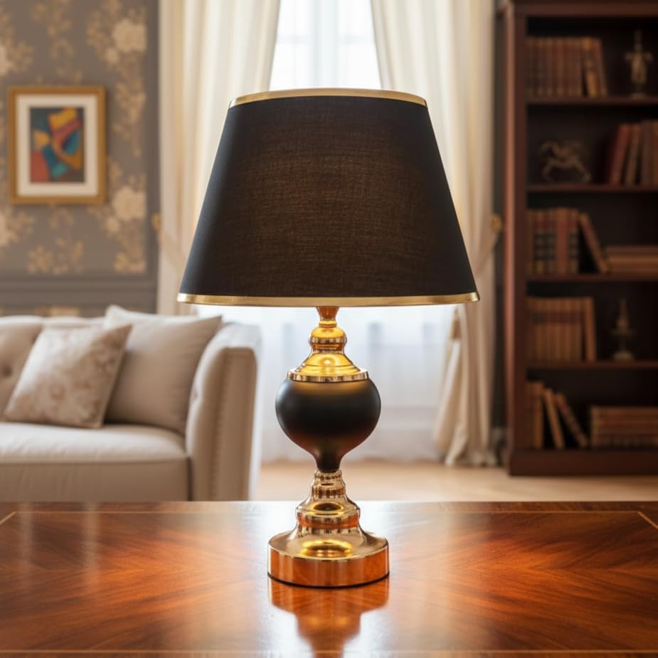 ELARE Modern Ceramic Base Bedside Table Lamp, Table Lamps for Home Decoration and Bedroom Decor with On/Off Button, Night Lamp with Cotton Fabric Shade, Black Gold Hive, Black (LA1109)