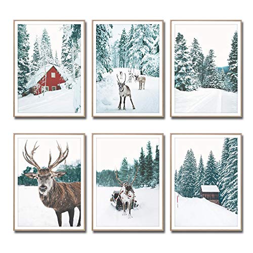 Mirabuy Set of 6 Unframed Winter Decor Gallery Wall Art Prints, Christmas Wall Art, Deer Print Reindeer Print, Scandinavian Poster Nordic Decor (8" x 10")