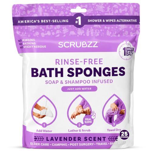 Image of Scrubzz Disposable No Rinse Bathing Wipes - 25 Pack - All-in-1 Single Use Shower Wipes, Simply Dampen, Lather, and Dry Without Shampoo or Rinsing (Lavender, 1-Pack)