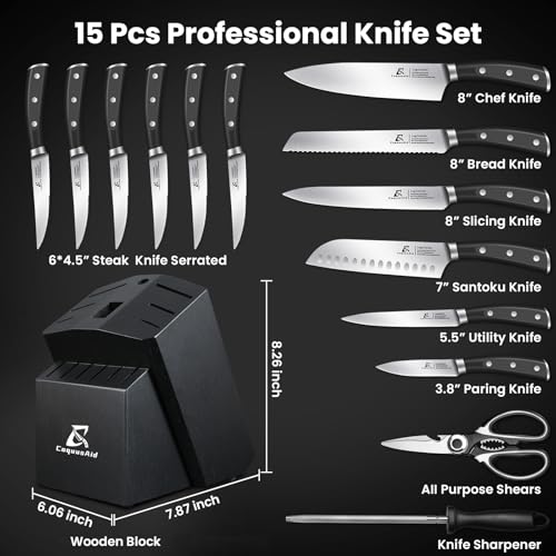 CoquusAid Knife Set, Upgrade 15 Pcs Knife Block Set with Widened Ventilated Slot, German Stainless Steel Kitchen Knives Set with Sharpener, Professional Chef Knives Set, Full Tang Ergonomic Handle by CoquusAid - Image 9