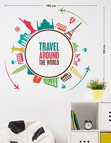 Wallstick Travel Around The World Wall Sticker (Vinyl, 100 cm x 100 cm, Multicolor)