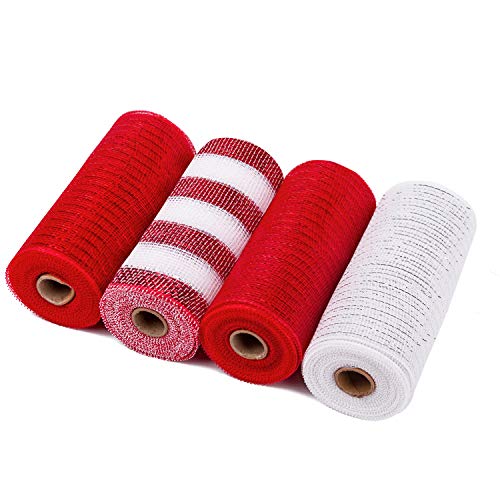LaRibbons Deco Poly Mesh Ribbon - 6 inch x 30 feet Each Roll - Metallic Foil Red and White Rolls for Wreaths, Swags and Decorating - 4 Pack