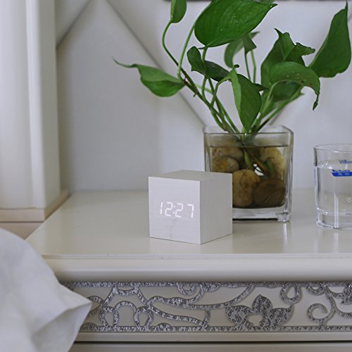 image for T&F Wood Alarm Clock Digital LED Light Minimalist Mini Cube with Date 