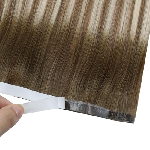 Image of Full Shine Long Weft Wide Tape in Hair Extensions Human Hair Color 3 Brown Fading 8 Brown and 22 Blonde 22 Inch Invisible Hand Tied Hair Extensions Tape in 120g Soft and Silky 4PCS