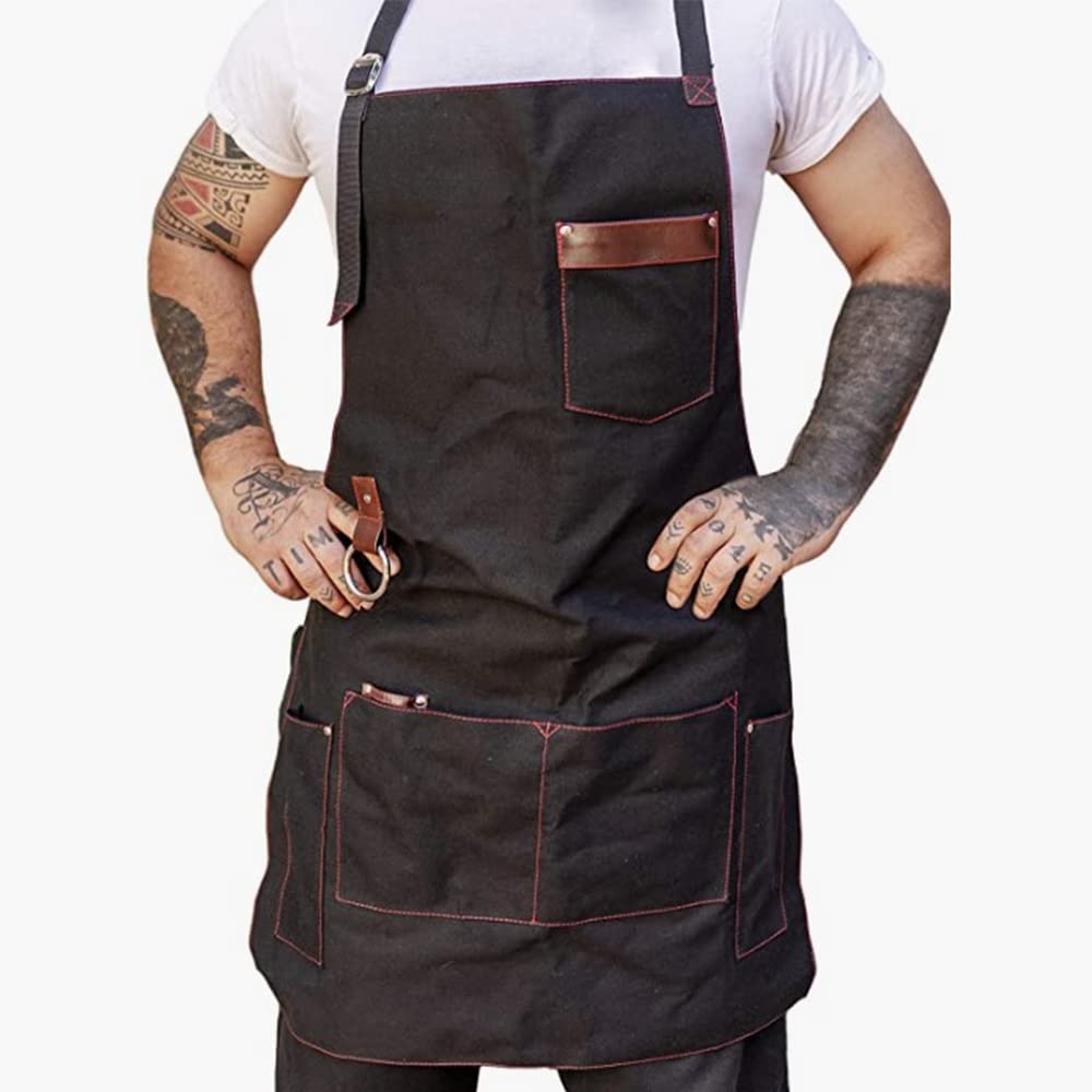 Delantal de cocina Delantal de cocina para Chef profesional, delantal de trabajo de lona para hombre con 5 bolsillos para hombre, tela de cuero de lona, ​​delantal de regalo para padre y barbacoa