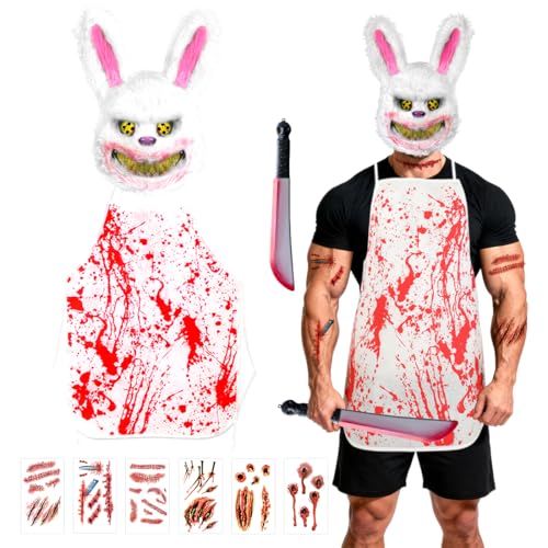 TaleMoon Disfarce de coelho sangrento, máscara de coelho sangrento, machete, avental, autocolantes de manchas de sangue, disfarces de Halloween, disfarce de terror para festa cosplay adulto