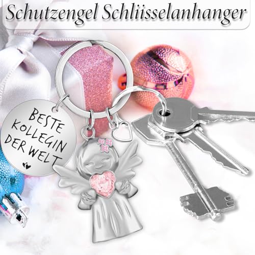 YnewL Beste Kollegin Schlüsselanhänger Schutzengel Glücksbringer Matt mit Edelsteinen, mit Herz und Gravur - Abschied Kollege Abschiedsgeschenk(Rosa)