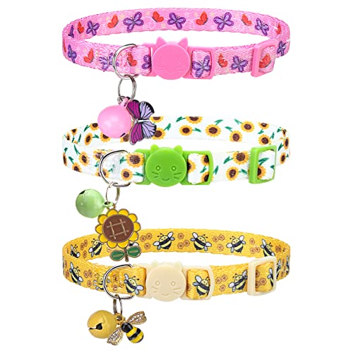 Breakaway Cat Collars with Bell & Cute Pendants - 3 Pack Adjustab...