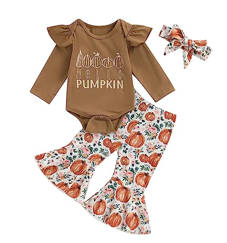 Image of Toddler Girl Halloween Clothes Set Funny Pumpkin Letter Bodysuit Romper+Ribbed Flare Pants Trendy Fall 3Pcs Outfit