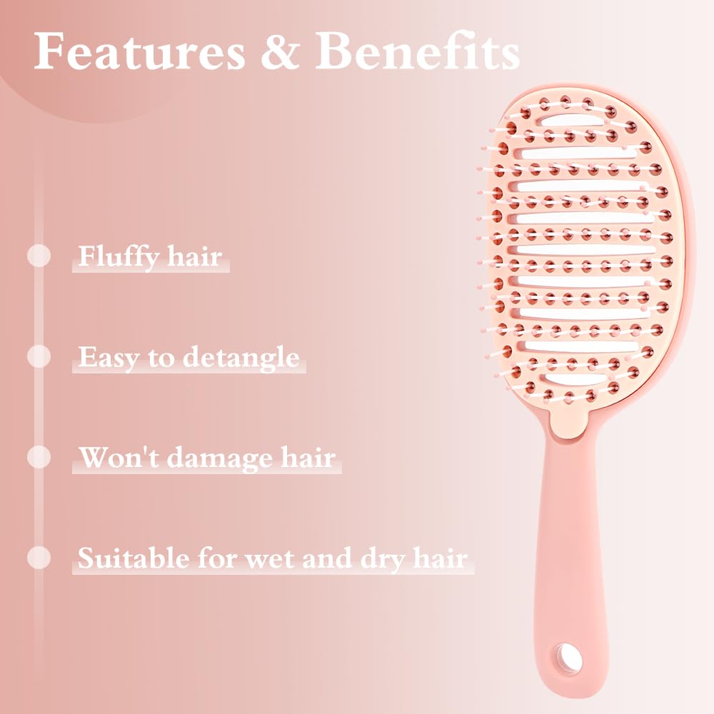 No-Tangle Hair Brush Set - Anti-Knot & Scalp Massage, Flower Clip, Silk Scrunchie, & Flannel Storage Bag (Pink) - Image 4