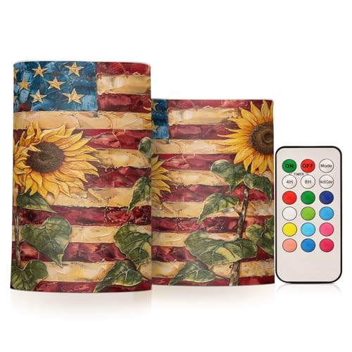 ALAZA Sunflowers on American Flag Rustic Flickering Flameless Candles Battery Operated with Remote Timer,Tea Light Candles LED Pillar Votive Candles Set of 2 for Outdoor Indoor Decorations