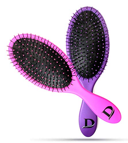 Dtang Hair Brush 2 Pack Metallic Pink & Purple Best Detangler Hair Brush for Wet & Dry Hair Rubberized Grip Soft Bristles Ideal for daily use