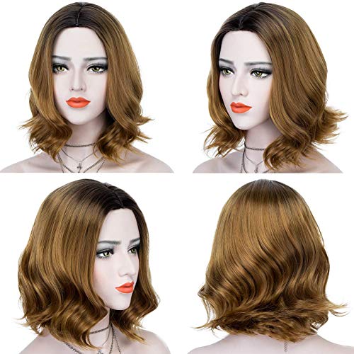K'ryssma New Ombre Blonde Short Bob Synthetic Wig with Dark Roots Middle Part Wavy Bob Wigs for Women Heat Resistant