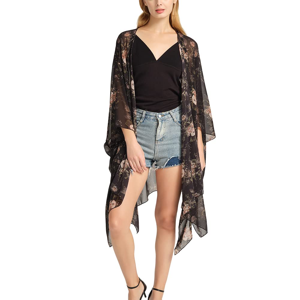 CuteSwanWomen's Floral Print Chiffon Kimono Cardigan Loose Cover Up Casual Long Boho Sheer Cardigans