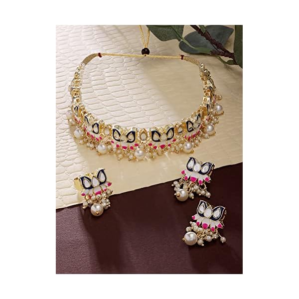 ZAVERI PEARLS Blue & Pink Meenakari Lotus Design Choker Necklace Earring & Ring Set For Women-ZPFK14435 - Image 6