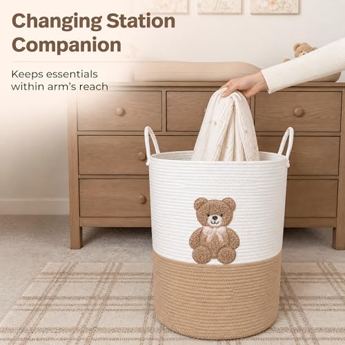 Image of Teddy Bear Baby Laundry Basket, Tall Woven Rope Nursery Hamper, 20x15 in