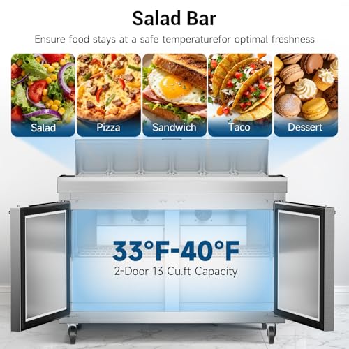 Image of 48 inch W Commercial Salad Bar Refrigerator, 2-Door Stainless Steel Buffet Station with 12 Pans, Fan Cooling, Adjustable Temperature Control, Sandwich Prep Table for Restaurants Bars Commercial Kitchens