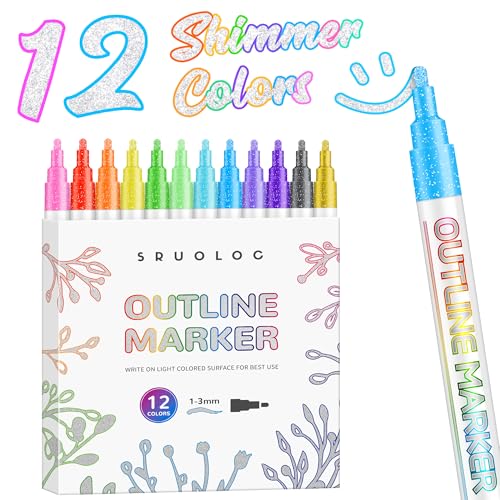 SRUOLOC Shimmer Markers Outline Pens,12 Colors Metallic Glitter Pens Set Glitter Markers Pens Set for School Cards Lettering, Doodle Drawing Supplies Art Craft Teen Stuff Basket