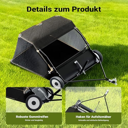 Foto von Wiltec Rasenkehrmaschine mit 105 cm Kehrbreite, Rasenkehrer für Aufsitzmäher, Laubsammler mit 365 l Auffangnetz Laubkehrmaschine für Rasentraktor