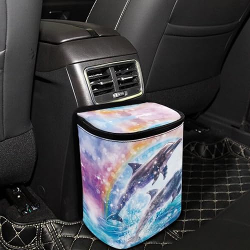 Image of Talayituse Dolphin Rainbow Print Car Trash Can, Portable Auto Garbage Bin Multifunctional Vehicle Interior Accessories with Adjustable Straps Universal Fit Truck SUV Sedan