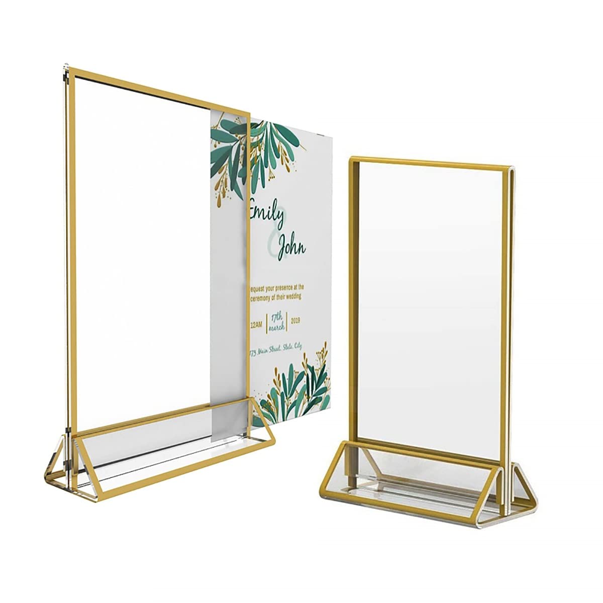 Soportes acrílicos dorados para números de mesa para bodas, paquete de 6 marcos de fotos de acrílico transparente dorado, soporte de exhibición de menú de mesa de doble cara de 4 x 6 pulgadas