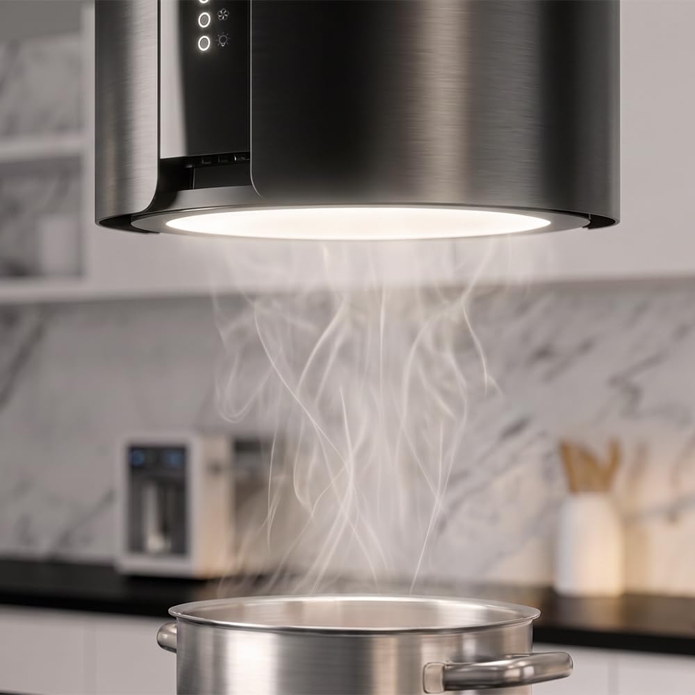 Cecotec Hotte Aspirante d'Îlot Ronde 38 cm Bolero Flux CRE 385500 Black A+. Finition en Acier Noir, Aspiration 591,2 m³/h, Commande par Boutons Électroniques, Filtre à Charbon, Classe A+, Moteur DC