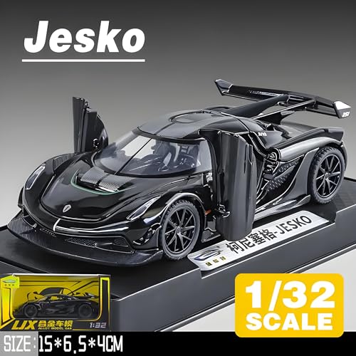 Image of 1:32 Scale Koenigsegg Jesko Model Super Car - Exclusive Alloy Metal Pullback Toy with Openable Doors, Lights, and Music for Kids (Black)