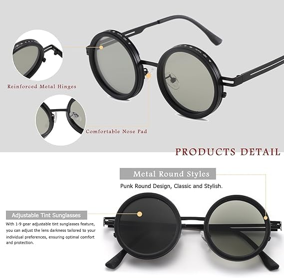Image of Adjustable Tint Sunglasses, 1-9 Gear Adjustable Polarized Sunglasses with ND Filter Lenses, Round Black Lens for Men & Women, UV Protection for Driving, Fishing, and Outdoor Use.