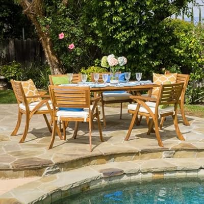 7 Piece Patio Furniture Set, Outdoor Acacia Wood Dining Table Chair Set with Water-resistant Cushions, Rectangle Dining Table and Armchairs for Porch, Backyard, Garden, Poolside, Easy Assembly, Teak