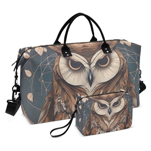 Large Travel Duffel Bag, Cool Owl Dreamcather Sports Tote Gym Bag, Shoulder Weekender Overnight Bag for Women Men, Carry On Luggage with Toiletry Bags