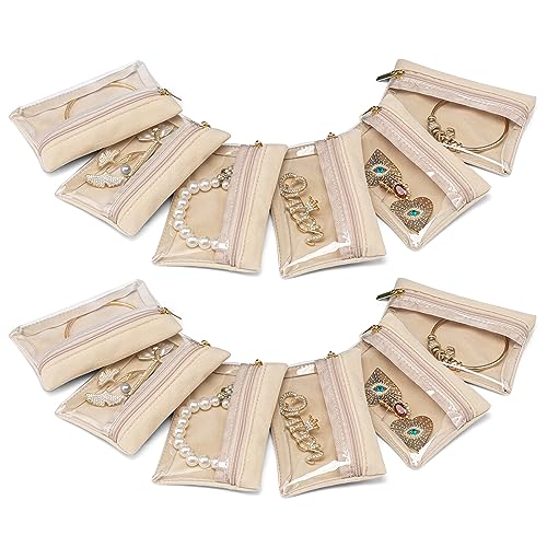 Vlando 12 Pcs Travel Jewelry Organizer Velvet Jewelry Pouch with Zipper Clear Travel Jewelry Bag for Travel Business Trip Mother‘s Day Gift for Mom
