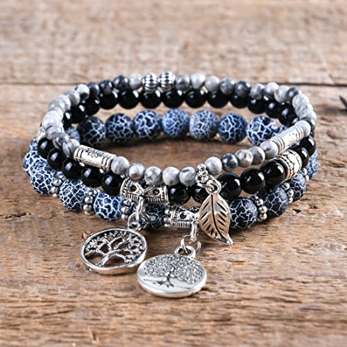 Image of YGLINE Tree of Life Yoga Healing Stone Bracelets,Multilayer Lotus Chakra Stone Reiki Bracelet Sets,Anxiety Crystal Natural Stone,for Women Stress Relief