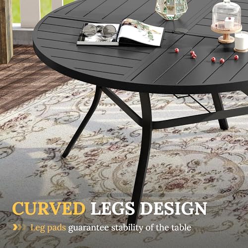 Image of VICLLAX Round Patio Table with Adjustable Umbrella Hole for 8, All Weather Metal Outdoor Dining Table for Lawn Garden, 59.8 inch Outdoor Coffee Table, Black Tabletop