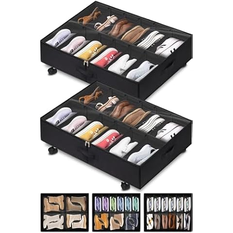 punemi Adjustable Under Bed Shoe Storage Organizer Storage W/Wheels, 2Pcs Underbed Shoes Boot Closet Storage Solution Containers, Side & Bottom Support & 20 Dividers, Up To 24 Shoes, 29.5"X23.6"X7.9" Cover