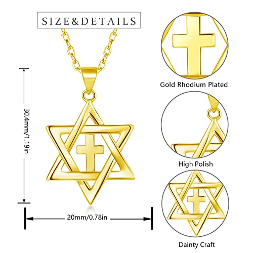 Jewish Messianic Necklace for Women and Men, Silver / 18K Gold Plated Small Star of David and Cross Pendant Jewelry, Chain Length 18" with Extension Chain 2" 5