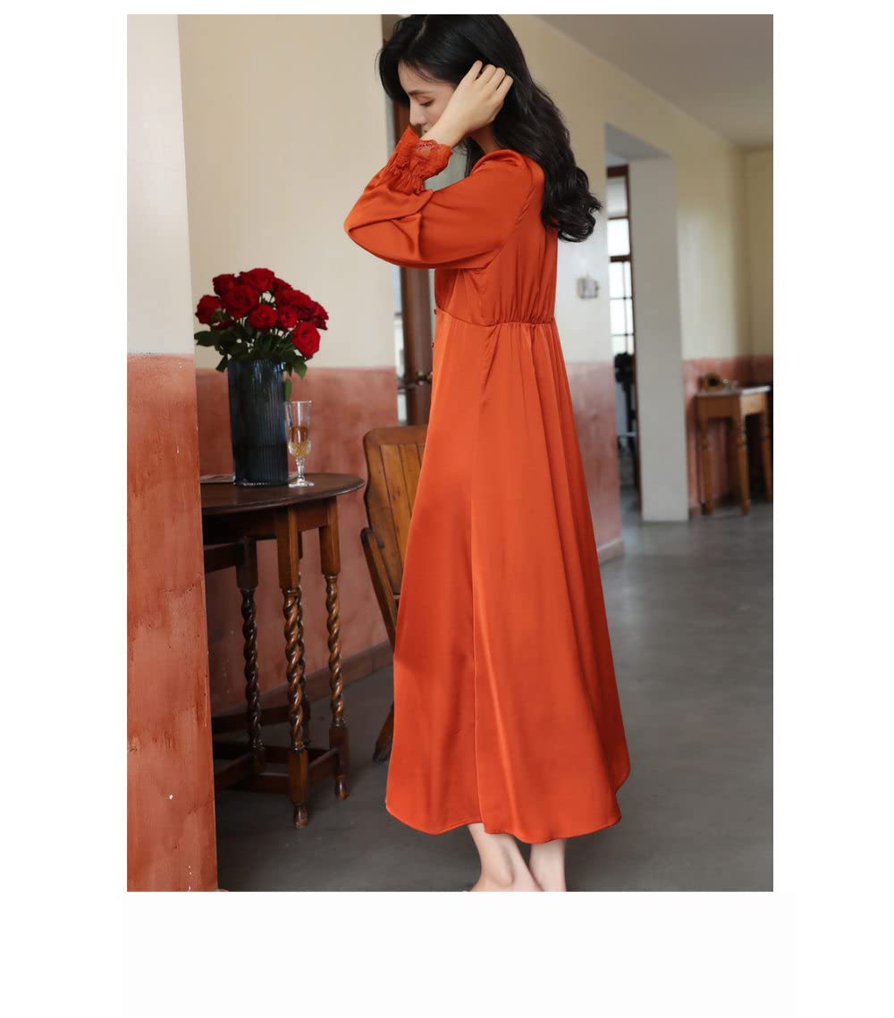 Nachthemd Damen,Damen-Nachthemden, Orange, Satin, V-Ausschnitt, Spitze, Knopf, Schlitz, Sexy Schlafhemd, Weiches, Bequemes, Langärmliges Nachthemd, Loungewear Für Damen, Mädchen, Pyjama-Party, We