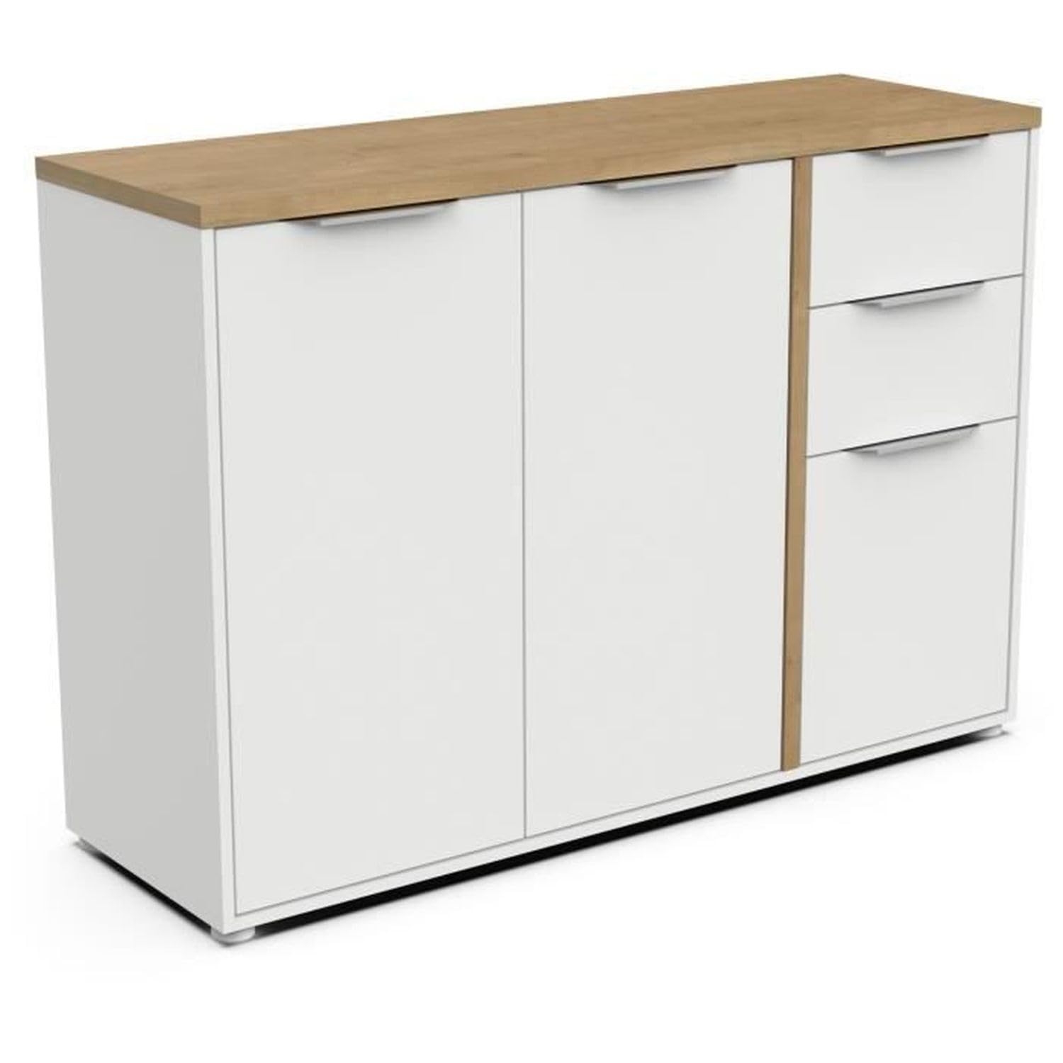 Aparador Moderno con 3 Puertas y 2 cajones – Estilo escandinavo – Color Blanco Mate y Roble Hamilton - 121,5 x 39,6 x 85,6 cm