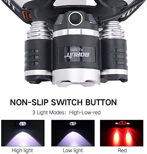 BORUIT LED Headlamp - Ultra Bright 5000 Lumens, 3 Lighting Modes,White & Red LEDs, IPX4 Water Resistant, USB Rechargeable Head Lamp Perfect for Running, Camping, Hiking & More - Thumbnail 2