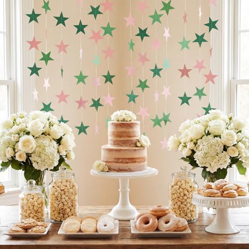 Image of Patelai 130 Feet Glitter Star Garland Banner 2026 Party Decoration Double Side Star Hanging String Streamer Paper Twinkle for Graduation Wedding Birthday (Pink and Green)