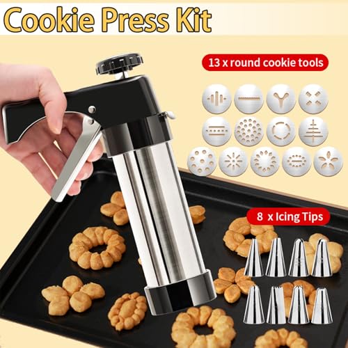 FANTEXY Stainless Steel Cookie Press Kit with 13 Discs and 8 Piping Tips for Baking and Decorating Desserts